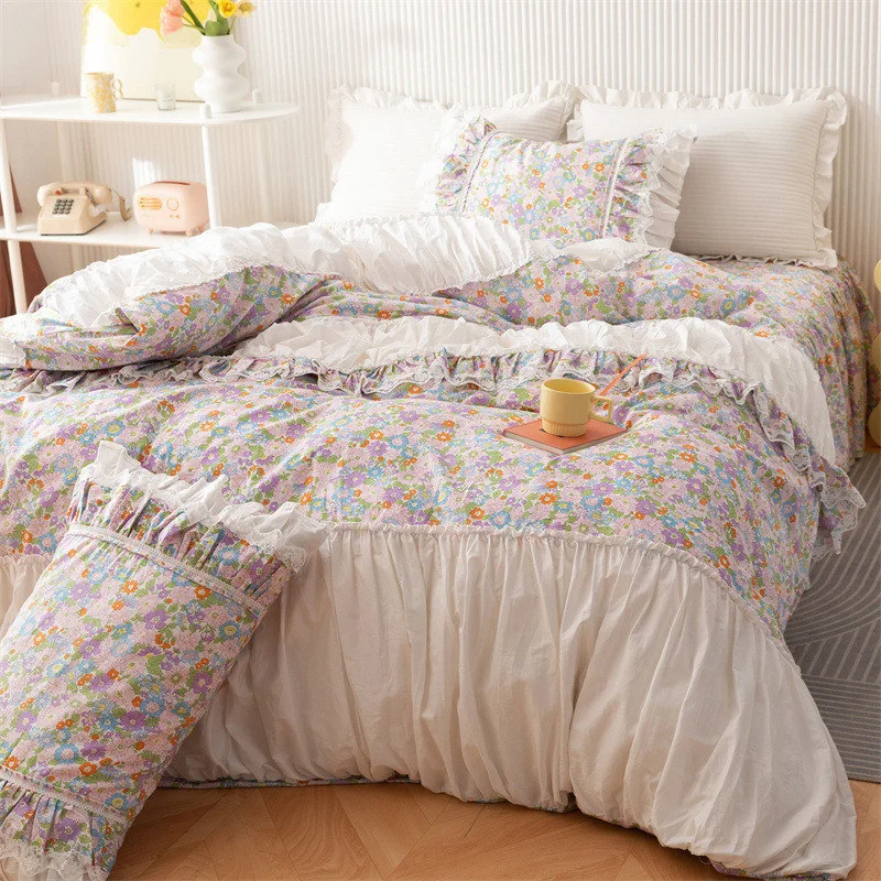 

Korean Princess Style Rose Floral 100% Cotton Pleated Ruffles Skirt 4Pcs ding Set Quilt/Duvet Cover Bed Linen Pillowcases