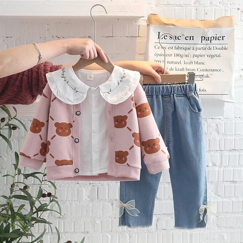 2022 Spring Autumn 3PCS Girls Clothing Set Cartoon Bear Sweater Coat Long Sleeve Shirt Washed Jeans Pants Baby Clothes |
