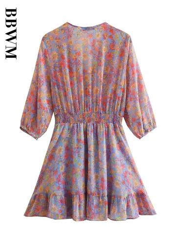 Flower Print Dress Women V Neck Mini Dress Woman Elastic Wide Waist Summer Dresses Women 2023 Elegant Chic A-Line Short Dress