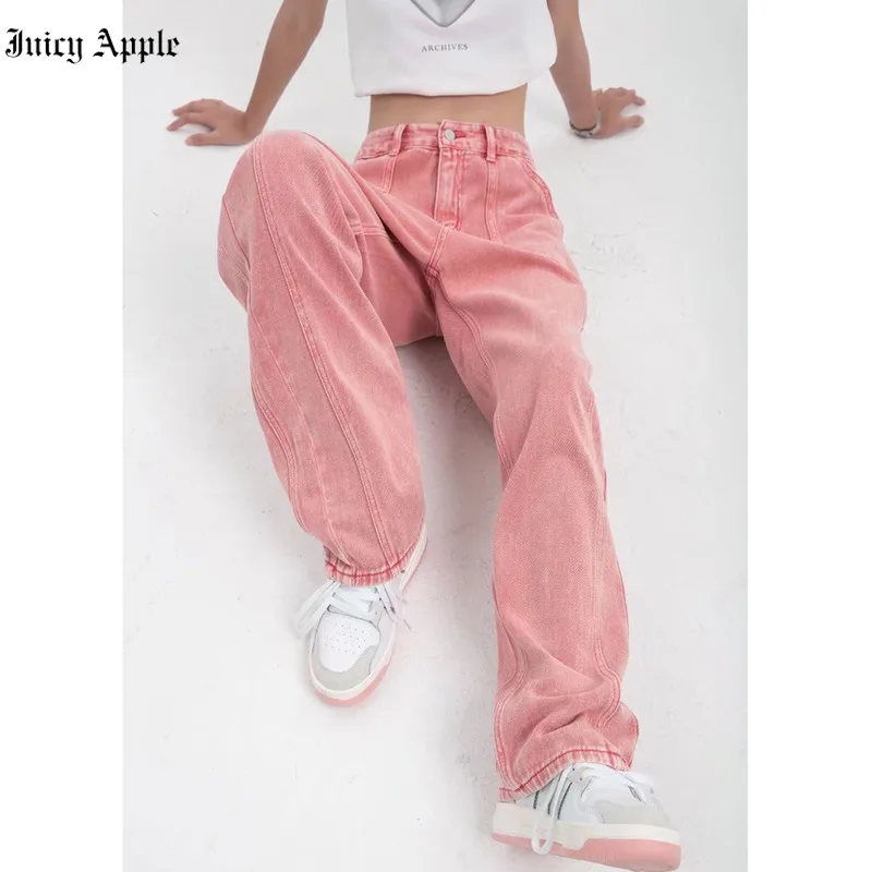 Juicy Apple Women Jeans Vintage y2k High Waist Streetwear Fashion Summer Loose Straight Jean Pants Baggy Wide Leg Denim Trousers