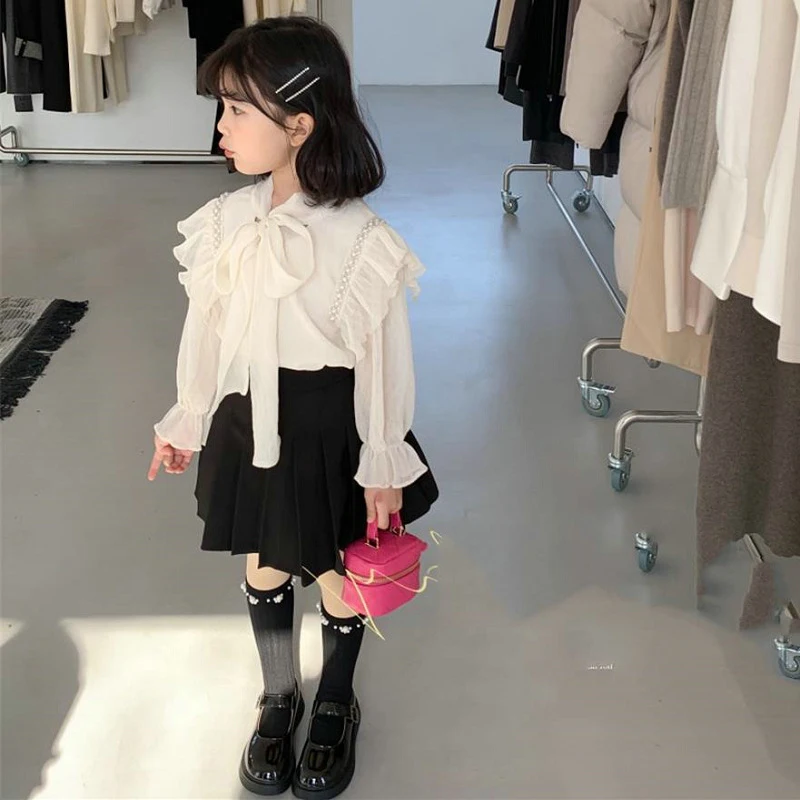 

Girls Clothes Set 2022 Spring Kids Cute Bow Pearl White T-shirt with Pleated Skirt 2Pcs 3-7 Years Children High Quality Outfits