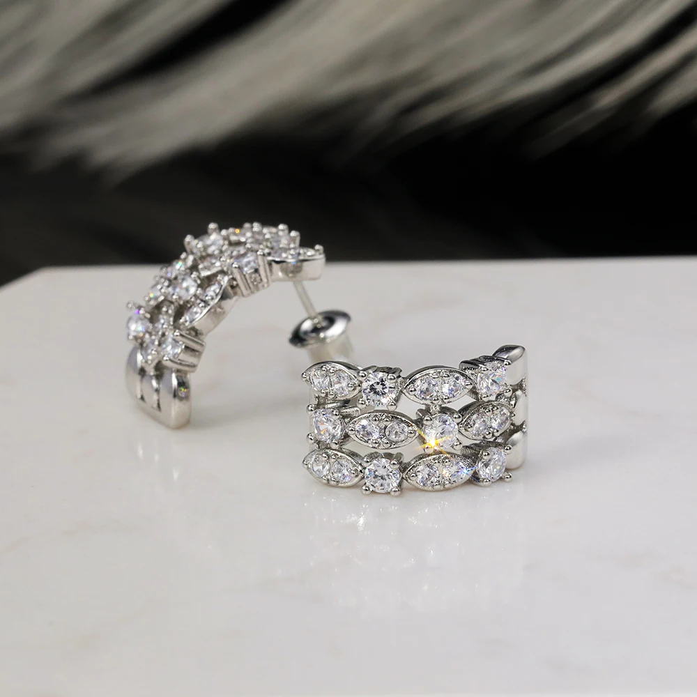 

New 2021 Trendy 3 Rows Stud Earrings Women Shiny Stylish Accessories Wedding Party Daily Wear Versatile Lady Jewelry Hot Sale