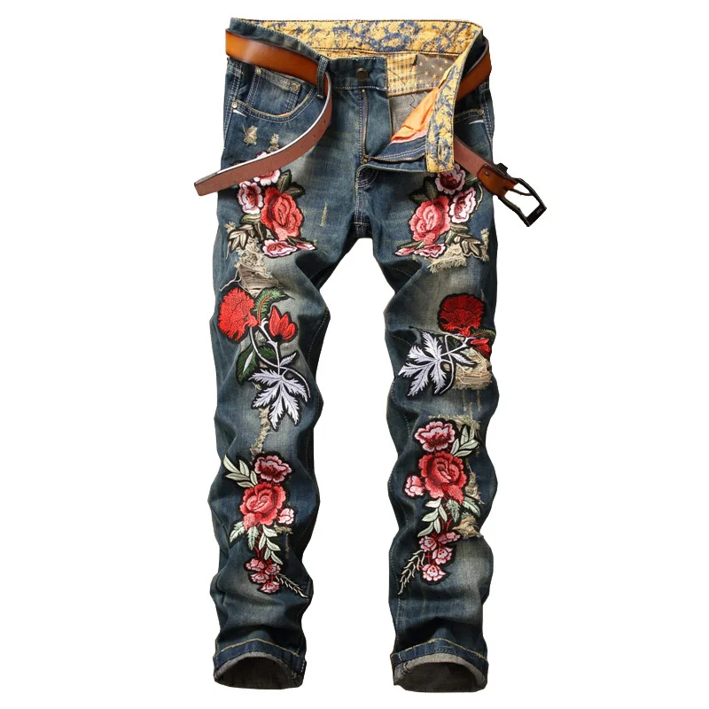 

Men's flower embroidery patch ripped jeans Casual hole slim straight distressed denim pants
