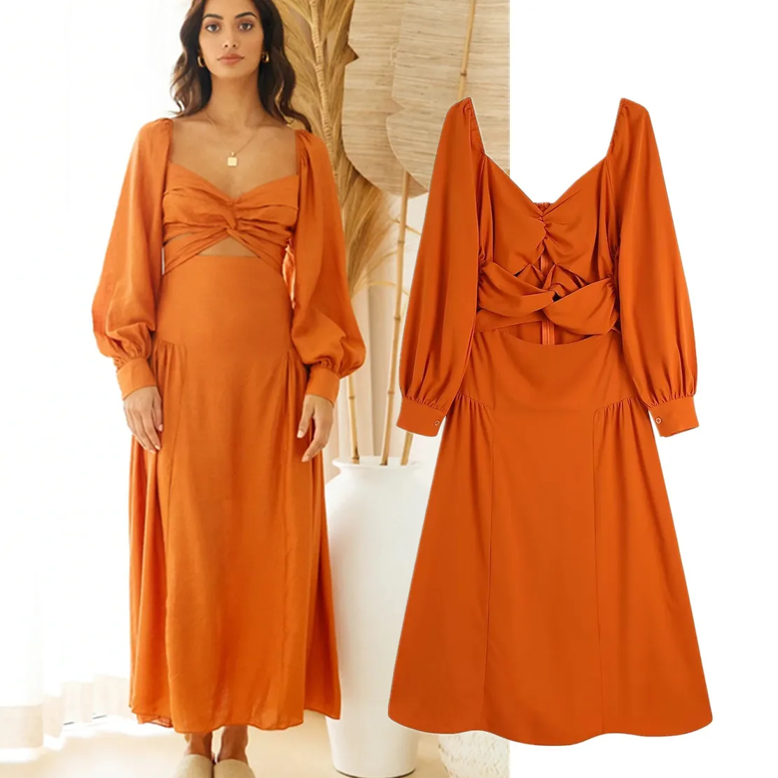 

Withered 2023 Indie Folk Hollow Out Orange Color Sexy Party Dress Women
