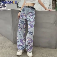 high waist women jeans retro cartoon printed zipper trousers female mom pants harajuku y2k hippie palazzo straight pants