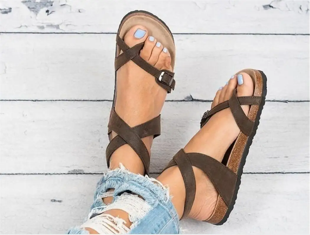 Women's sandals sandals new women's summer belt buckle sandals to increase size 43 leather flat sandals female trigger leisure b