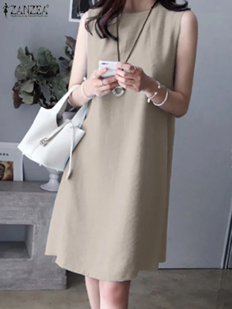 

2022 ZANZEA Sleeveless O-Neck Solid Color Knee Length Robe Summer Elegant Women's Dress Casual Fashion Beach Holiday Dresses