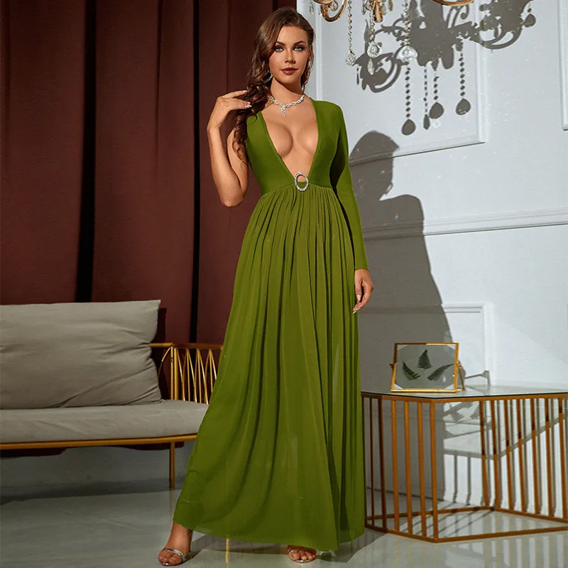 One Shoulder Deep V Neck Maxi Dress Green Long Sleeve Pleated Sheath Celebrity Party Clubwear Elegant Women Dress Sexy Clothing