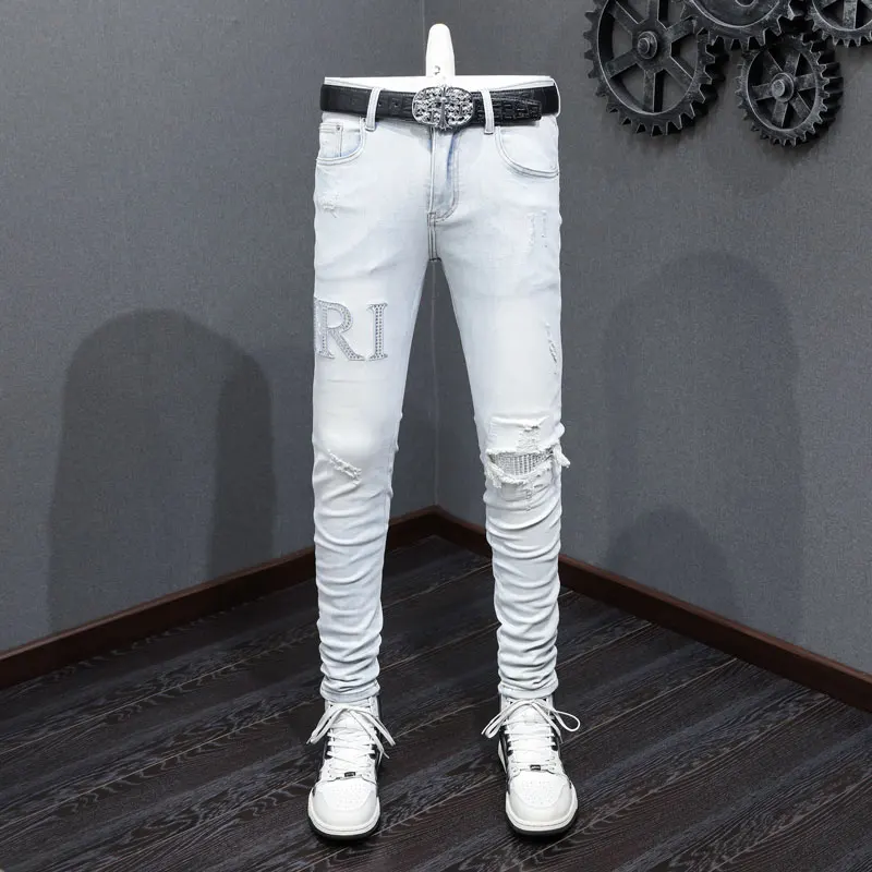 

High Street Fashion Men Jeans Retro Light Blue Stretch Skinny Ripped Jeans Men Beading Patch Designer Hip Hop Brand Pants Hombre