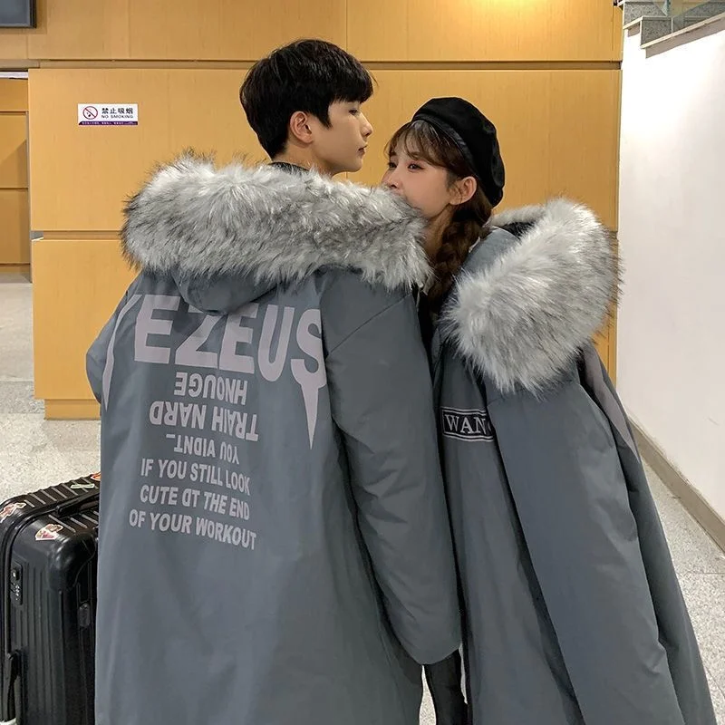 

Winter White Duck Down Jacket Women New Korean Fashion Couple's Wear Imitation Big Fur Collar Warm Thickened Casual Down Coat