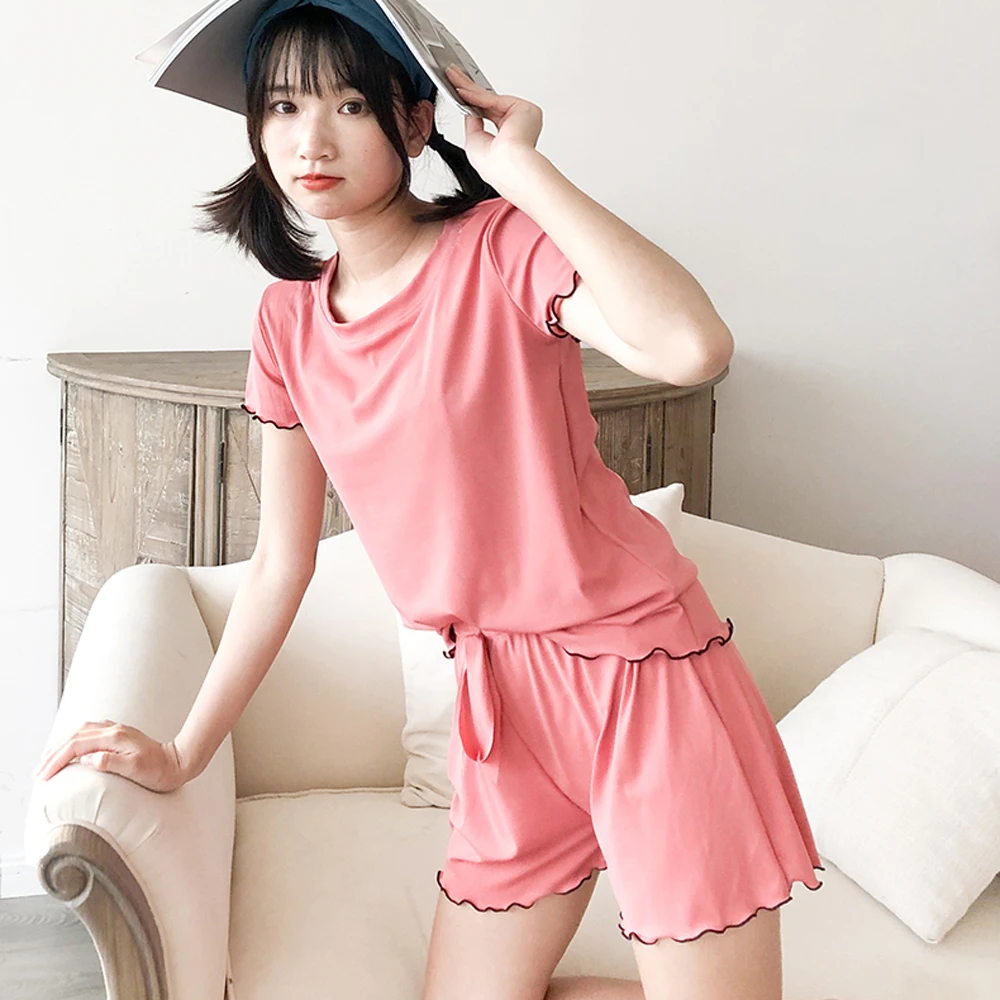 

Women Casual Pajamas 2 Piece Sets Ruffles Solid Home Suit Female Summer Short Sleeve&Shorts Sleep Wear Nightwear Housewear