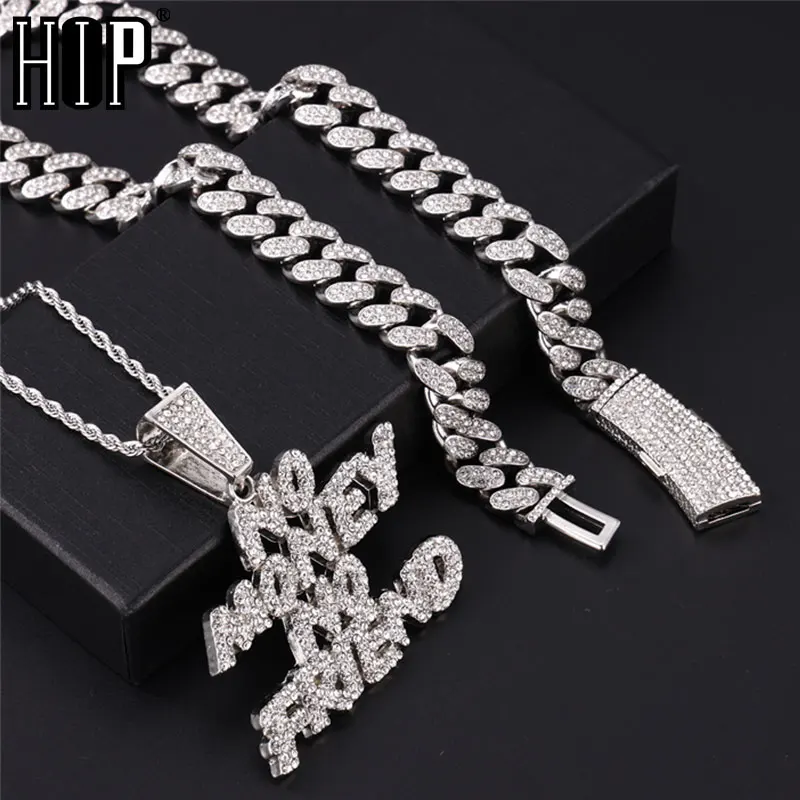 

HIP HOP Bling Iced Out Letters NO MONEY NO FRIEND Pendants Cuban Necklace Chain for Women Men Necklace Rappers Jewelry