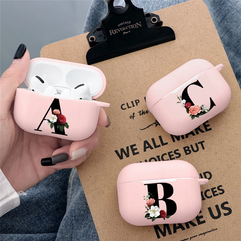 

Initial Letter A Z Earphone Case For Apple Charging Box For AirPods 1 2 3 Pro Black letter flower Pink wireless Bluetooth case