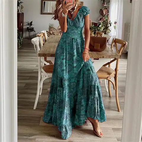 Summer Vintage Long Dresses Women 2023 Bohemian Elegant Floral Print V Neck Robe Beach Holiday Casual Big Swing Maxi Dresses