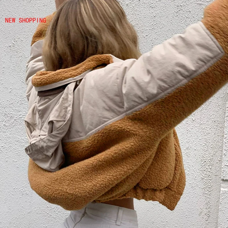 Patchwork Teddy Bubble Parkas Women Winter Thick Warm Cotton Coats High Quality Outwear Fur Trim Hooded Faux Fur Jacket Coats