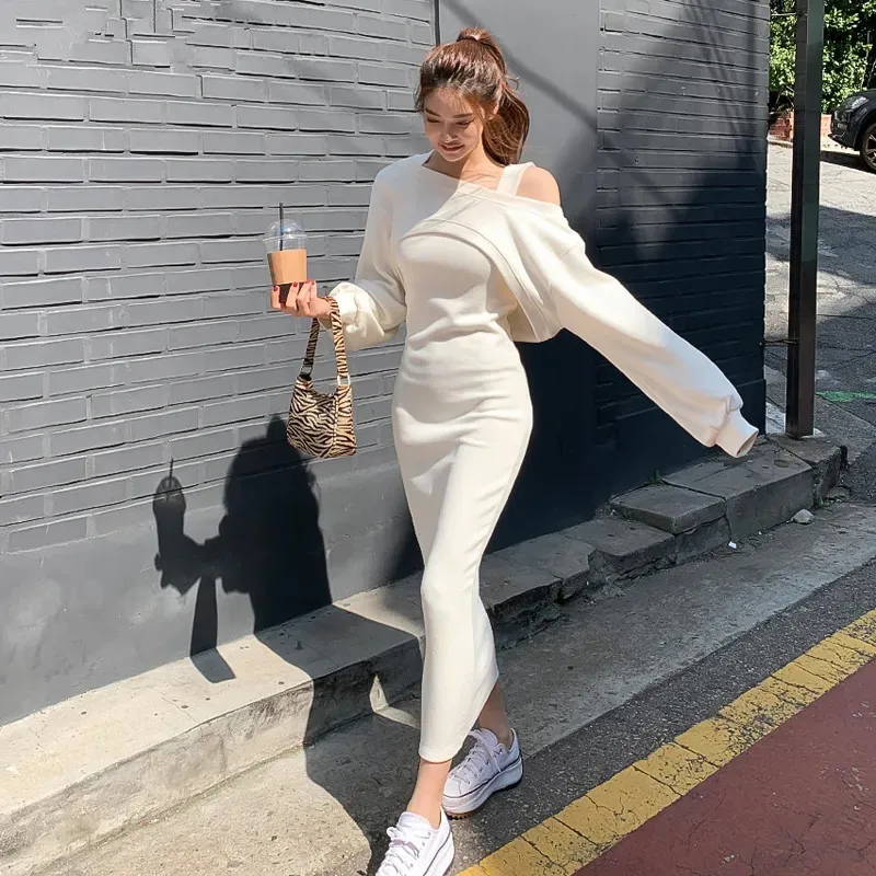 

Chic Knitting Sheath Dress 2 Piece Set Woman New Fall Long-sleeve O-neck Slim Waist Vestido Streetwear Warm Knitwear