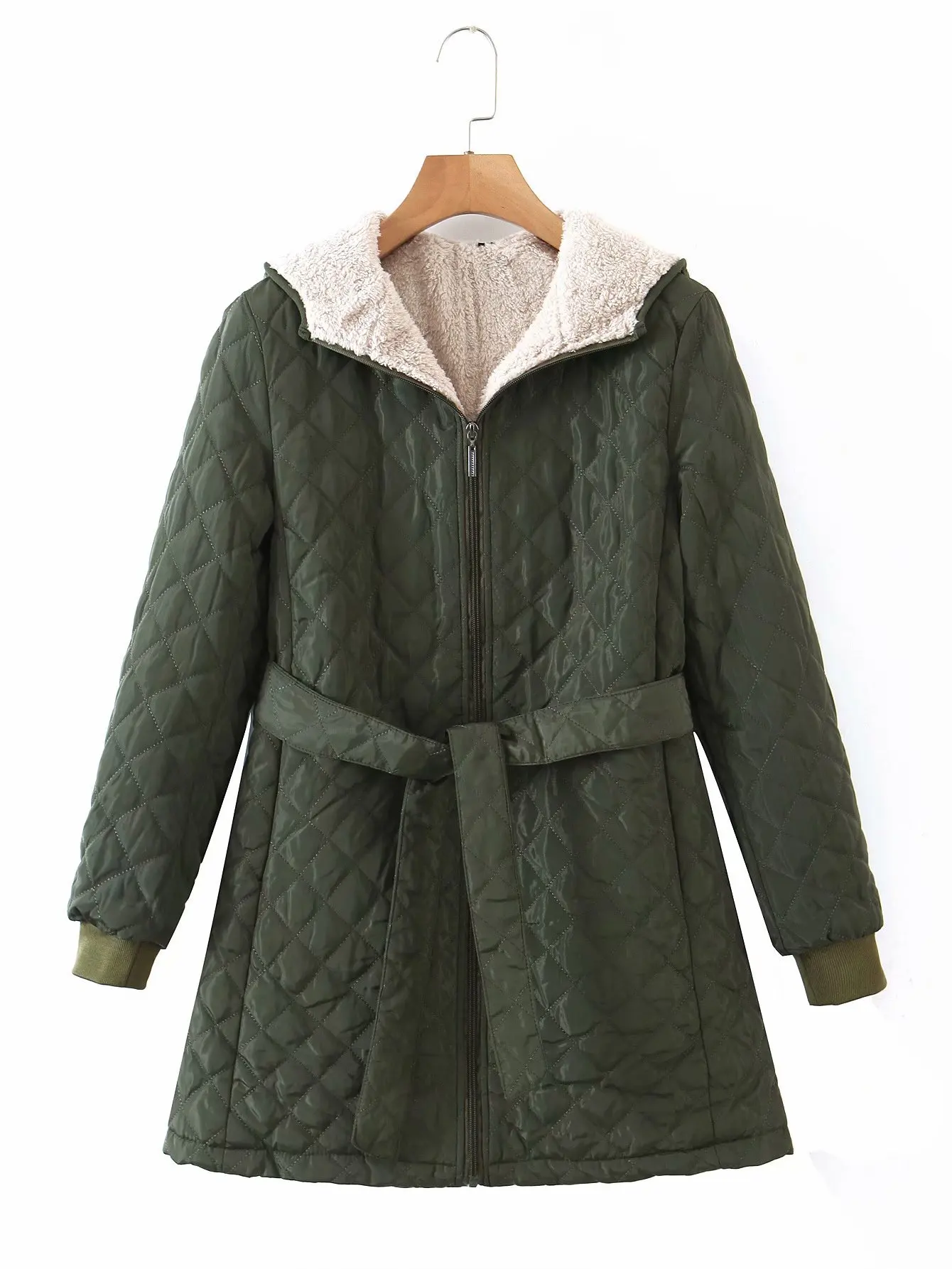 Autumn and winter 2022 new loose belt diamond hooded belt cotton coat women