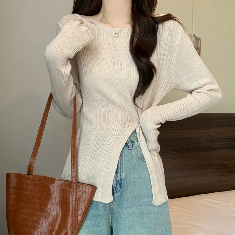 Design Side Slit round Neck Long sleeve Knit Women Autumn New Korean Sle Waist Hugging Slimming Stretch Bottoming Shirt