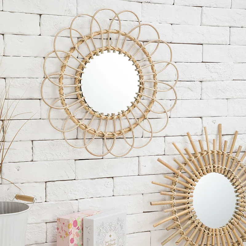 

Ins Hand -woven Willow Decorative Mirror Rattan Mirrors for Homestay Bedroom Wall Hanging Dressing Makeup Mirror Decoration