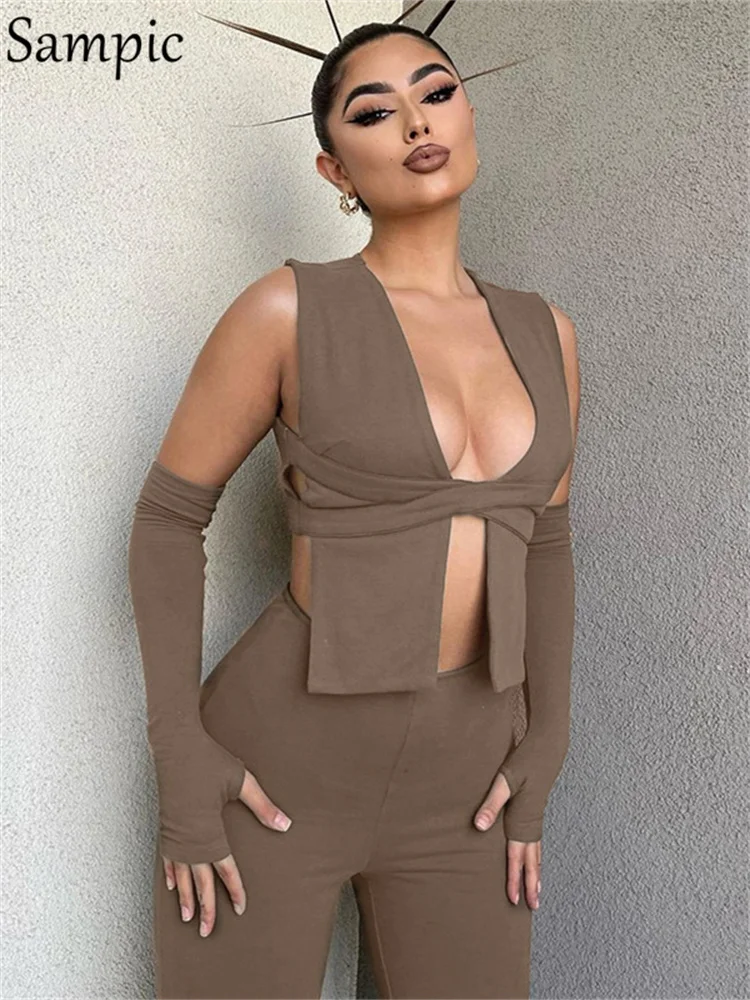 

Sampic Women Sexy Cardigan Crop Top And Leggings Pants Two Piece Set Summer Casual Tracksuit Y2K Party Club Outfits Sport