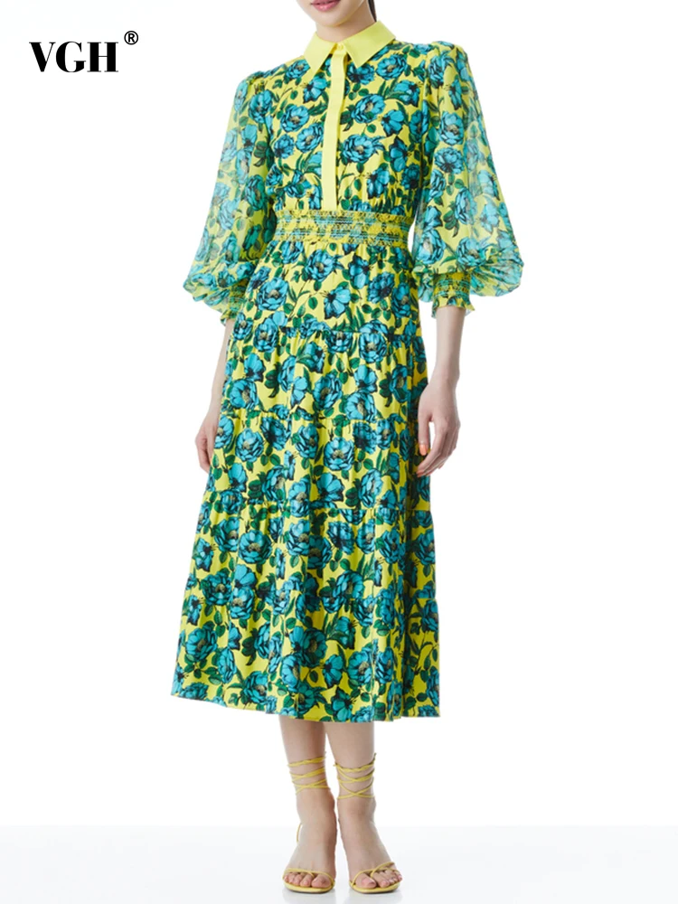 

VGH Vintage Print Colorblock Dress For Women Lapel Lantern Sleeve Gathered Waist Long Dresses Female Spring Fashion Clothing New