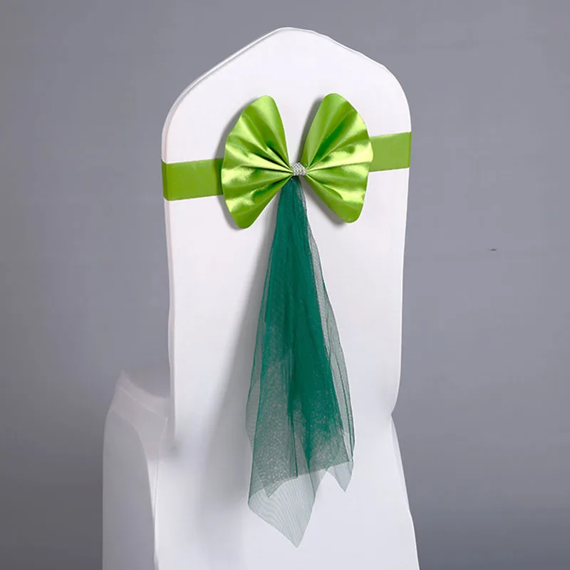 

10pcs Wedding Chair Knot Sashes Bow Ties Country Decorative for Events Banquet Organza Belt Stain Ribbon Party Home Cover Green