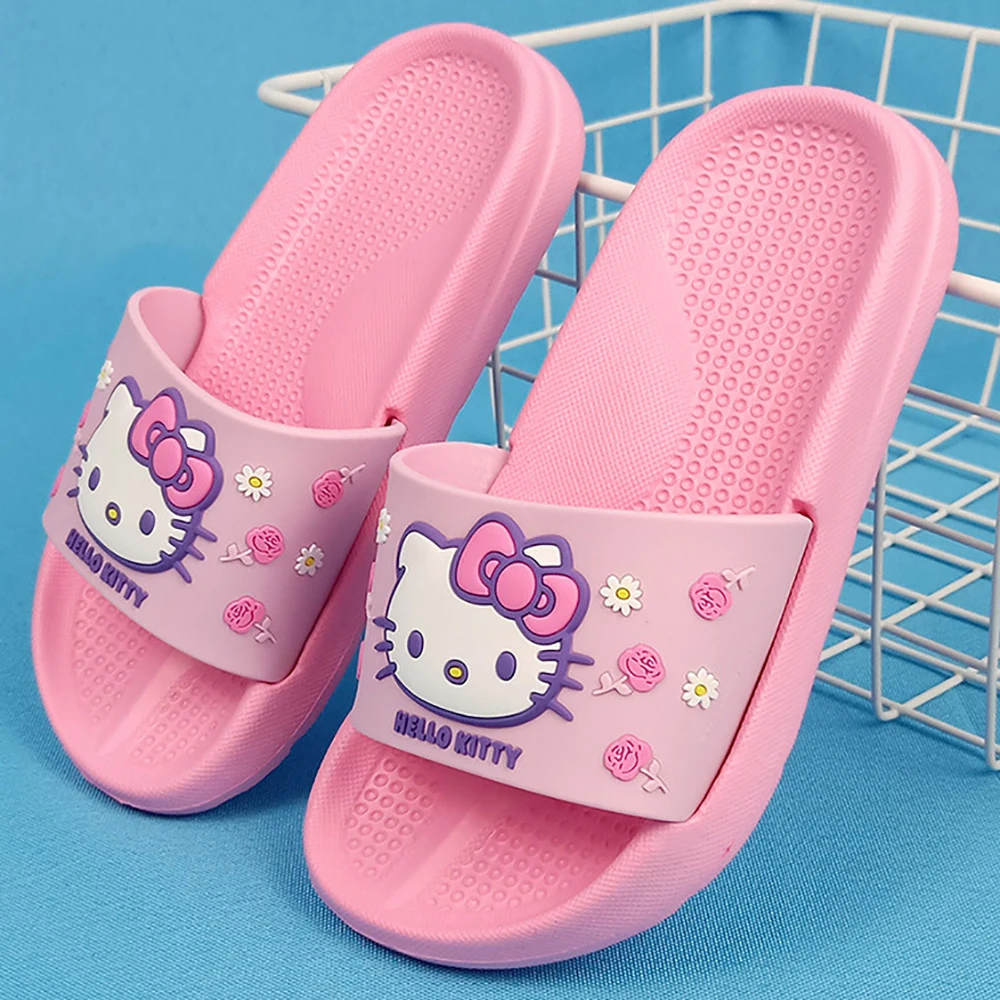 Детские летние тапки Hello Kitty милые повседневные с мультяшным котом домашняя обувь