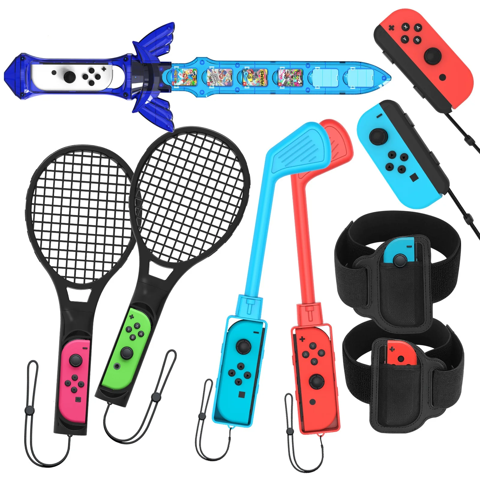 For Nintendo Switch 9 In 1 Sports Game Accessories Set Tennis Racket + Golf Club + Yoga Ring Wristband + Gaming Lightsaber Grips