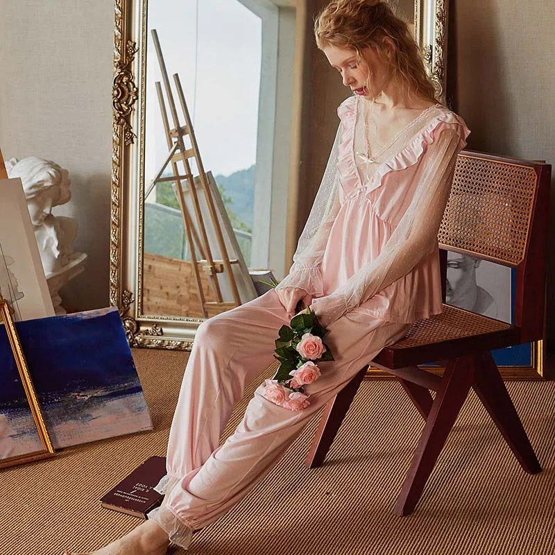 Roseheart Summer Pink White Women Sleep Sleepwear Suits Cotton Nightwear V Neck Plus Size 2 Piece Nightgown Pants Pajama Sets