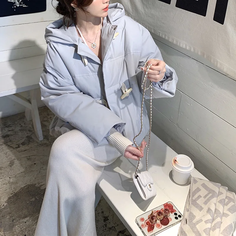 Autumn and Winter Hooded Down Jacket Women's Thin Solid Colour Thickened Cotton Clothing White Duck Down Short Section Jacket