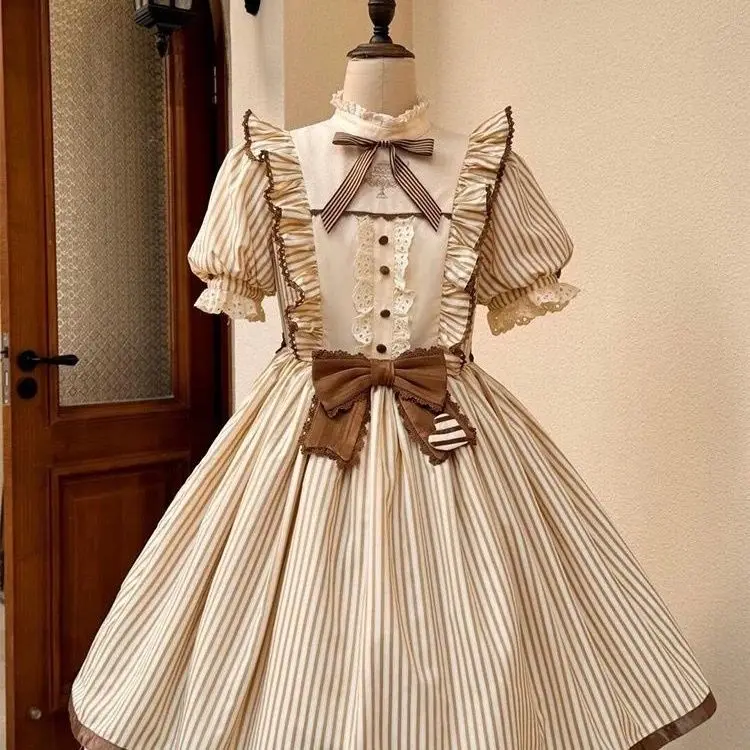 Фото Платье MAGOGO Lolita Daily Flower для женщин: милое, с бантом, в полоску, с короткими пышными рукавами, для вечеринок, в стиле принцессы №3