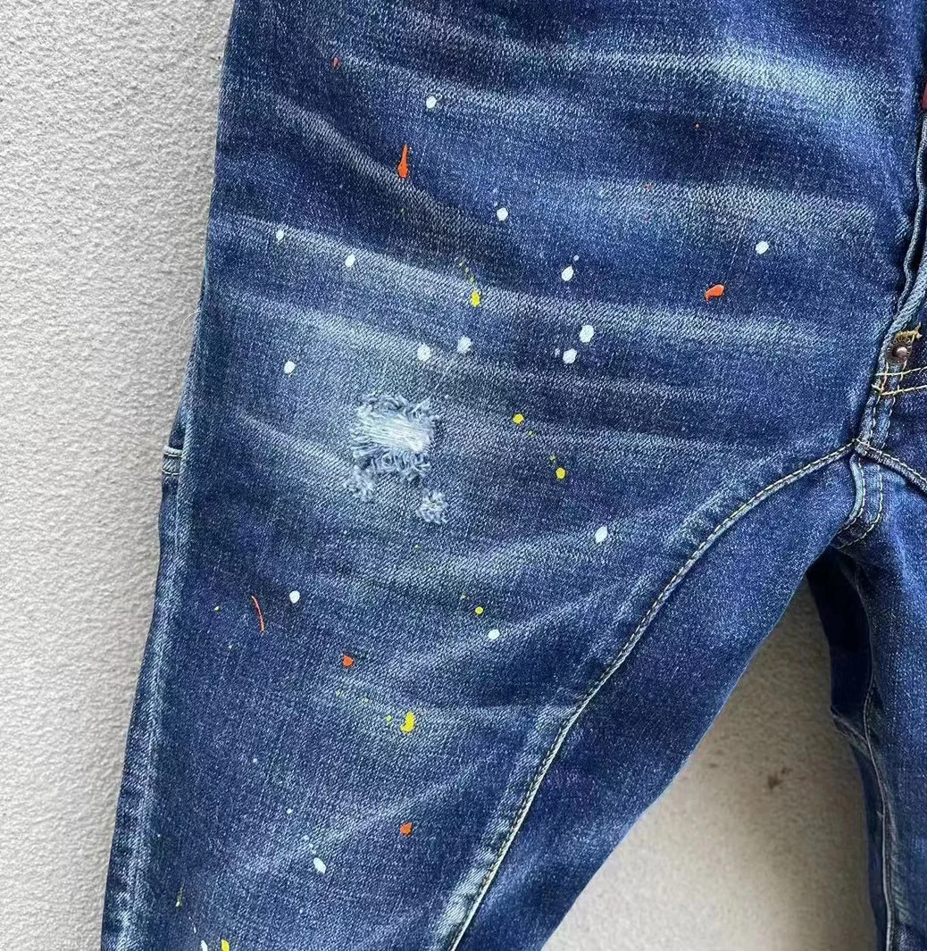 2023 Spring and Autumn New  Fashion Men's Wash Blue Slim Fit Worn Hole Patch Slim Fit Straight Barrel Jeans Men