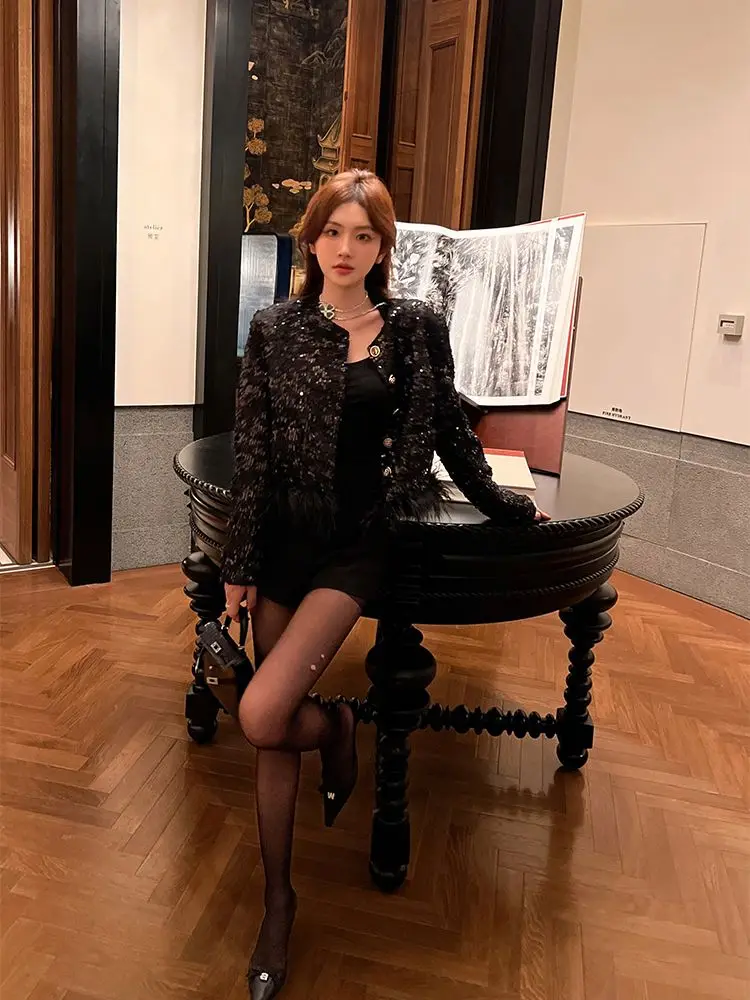 Модное шикарное блестящее твидовое пальто kusхиты с блестками в Корейском стиле