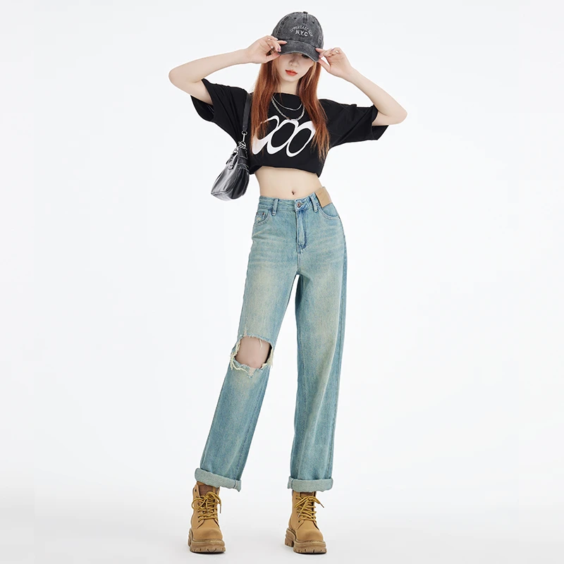 Real time photo of jeans for women in 2023 long pants for autumn and winter commuting retro blue washed holes loose Harlan strai
