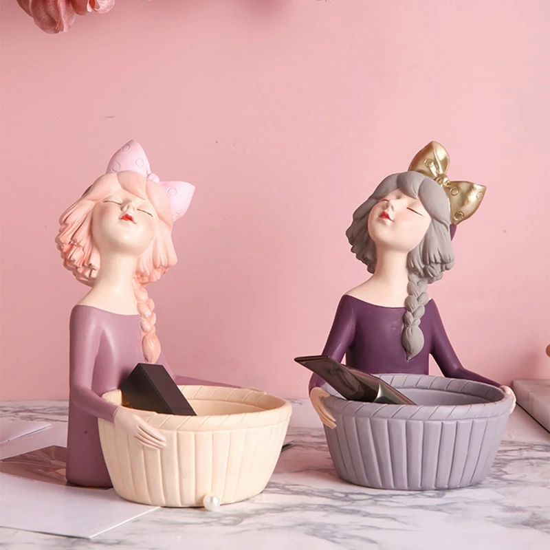 

Resin Girl Storage Baskets Figurines Flower Vase Pot Nordic Modern Garden Figures Home Kitchen Items Storage Box