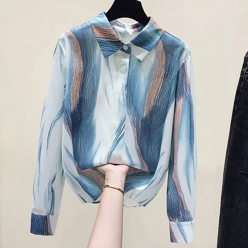 

Рубашка женская с принтом, модная блузка из шелка тутового шелкопряда, Топ с длинным рукавом в винтажном стиле, атласная одежда, весна-осень 2023