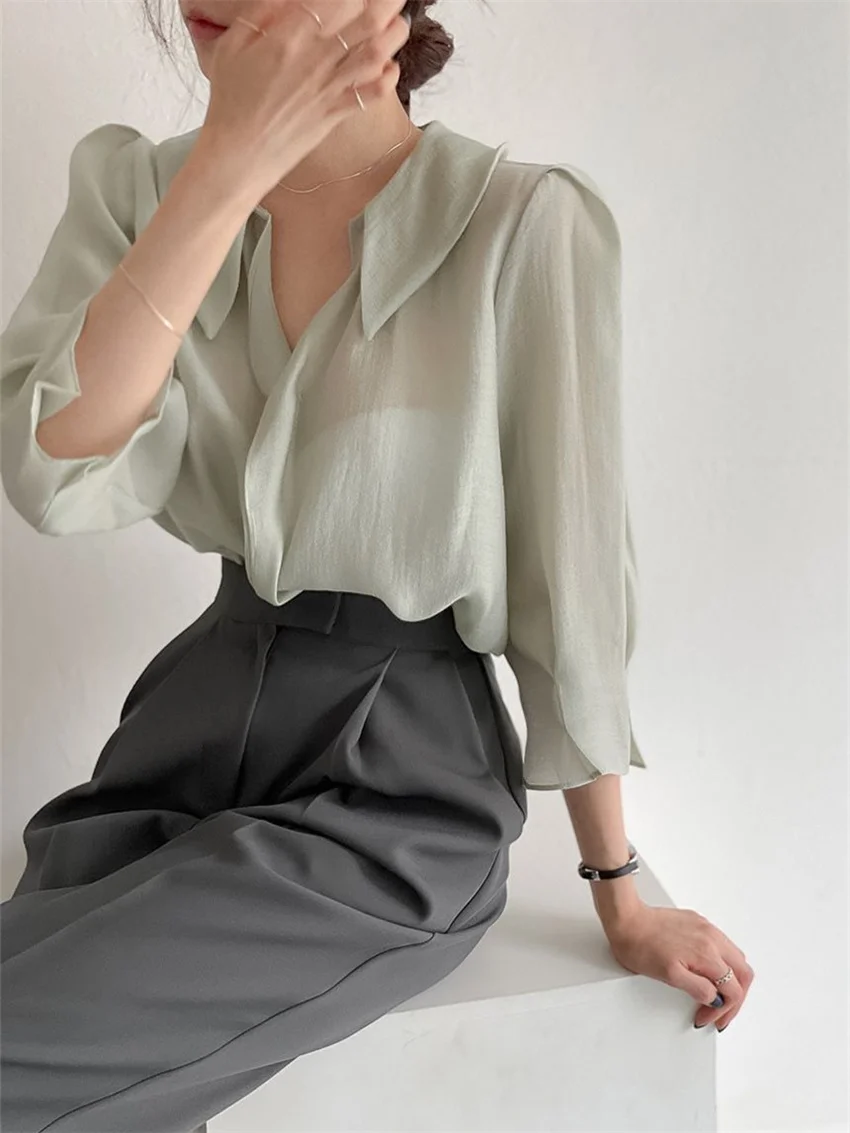 

Summer Office Lady Shirts New Casual Solid Elegant 2022 Hot OL Work Wear Gentle Outwear All Match Loose