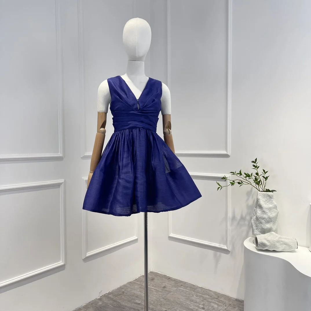 

Женское Короткое платье на бретелях, элегантное темно-синее платье со складками и V-образным вырезом, весна-лето 2023