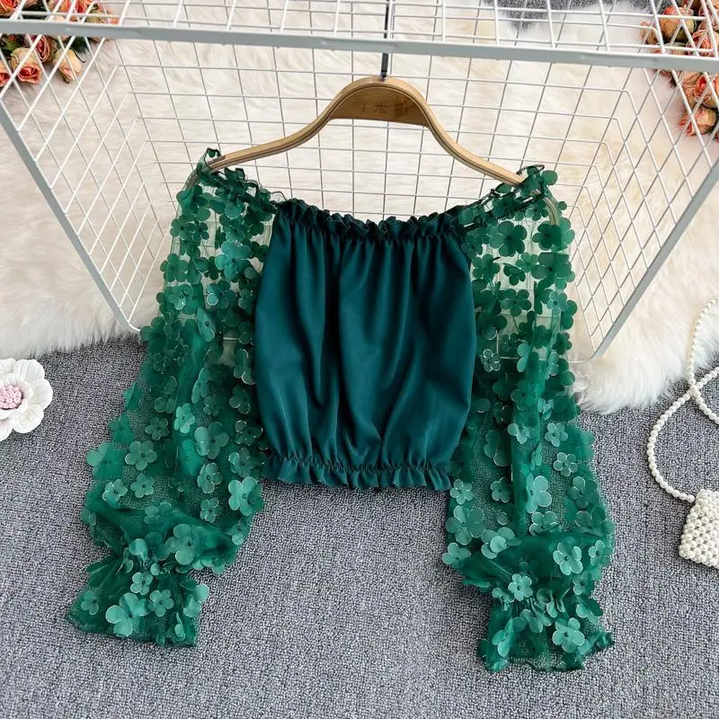 

Women Perspective Off Shoulders 3D Flowers Mesh Stitching Chiffon Shirts Loose Slash Neck Folds Blouses High Waist Pleated Tops