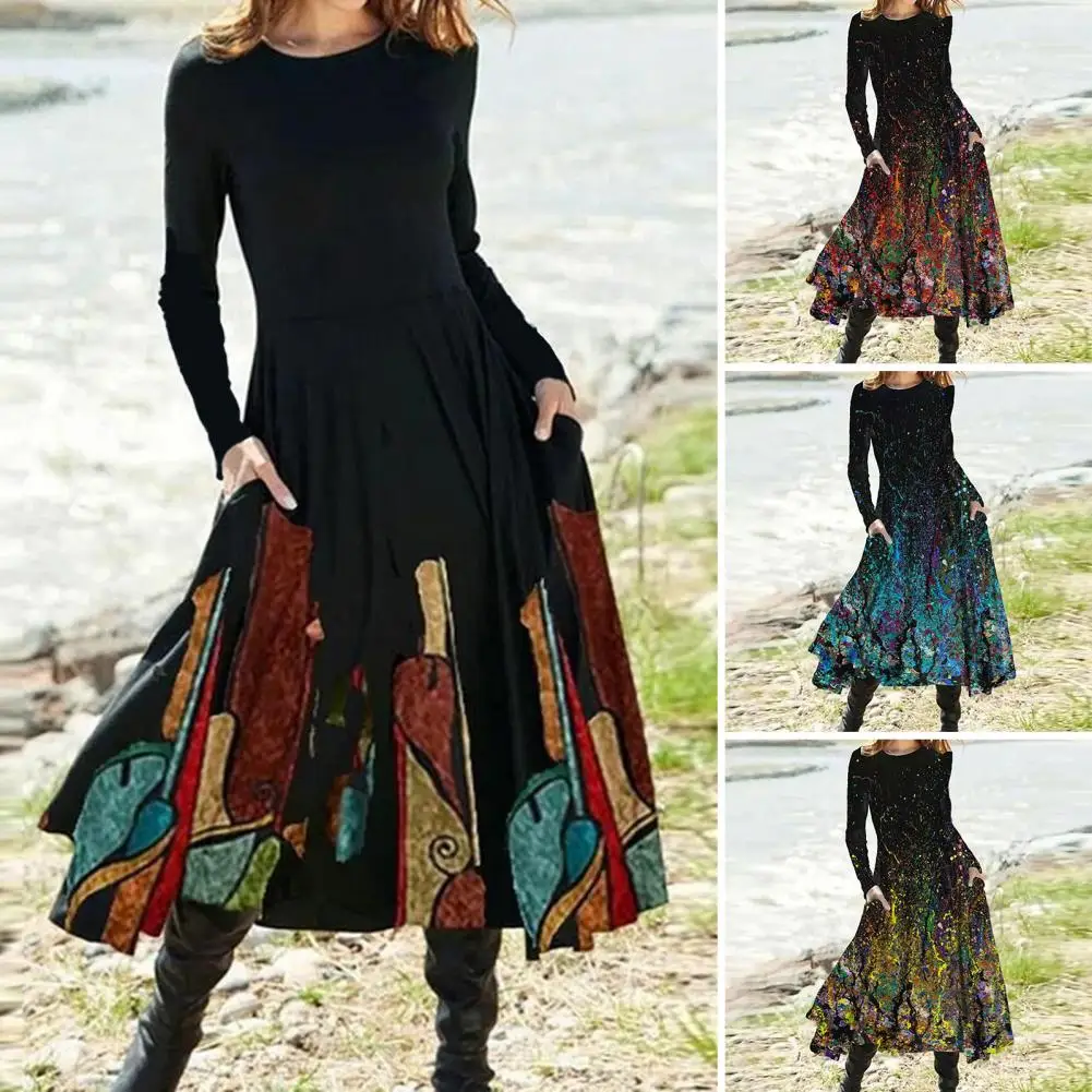 

Autumn Winter Women Midi Dress Gradient Print Pockets Crew Neck Elegant Large Hem Mid-length Pullover Dress Streetwear 페미닌 원피스