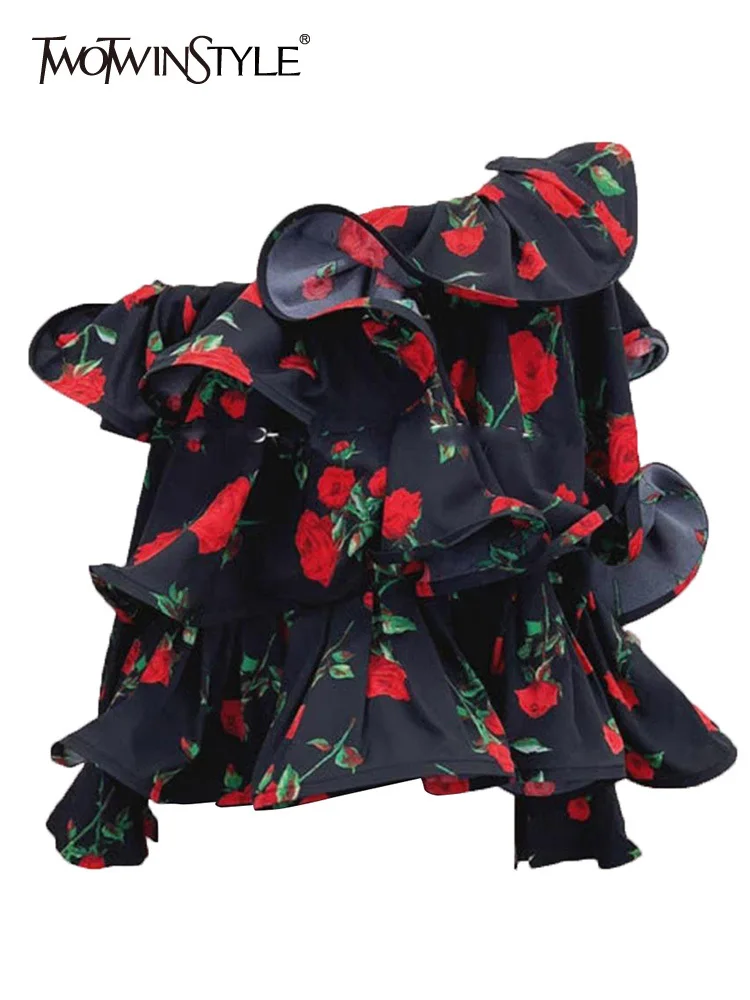 

TWOTWINSTYLE Elegant Printing Blouses For Women Slash Neck Long Sleeve Patchwork Ruffles Temperament Shirt Female Fashion 2023