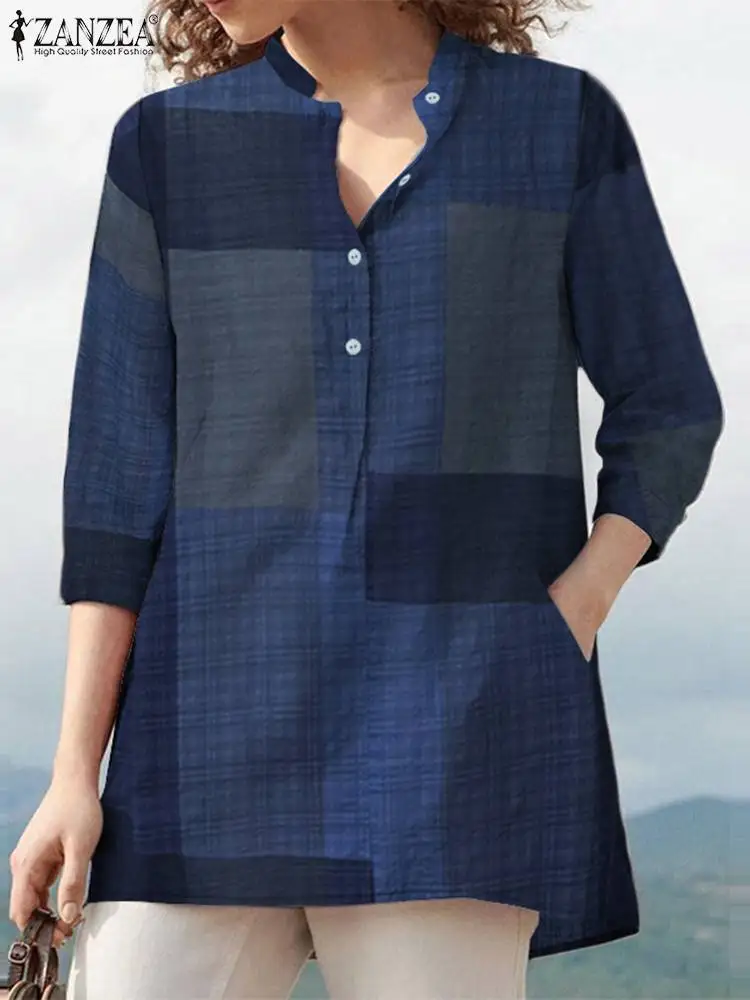 

Summer 3/4 Sleeve Plaid Checked Blouse 2022 ZANZEA Elegant Women Shirt Vintage OL Work Blusas Casual Chemise Tunic Tops Female