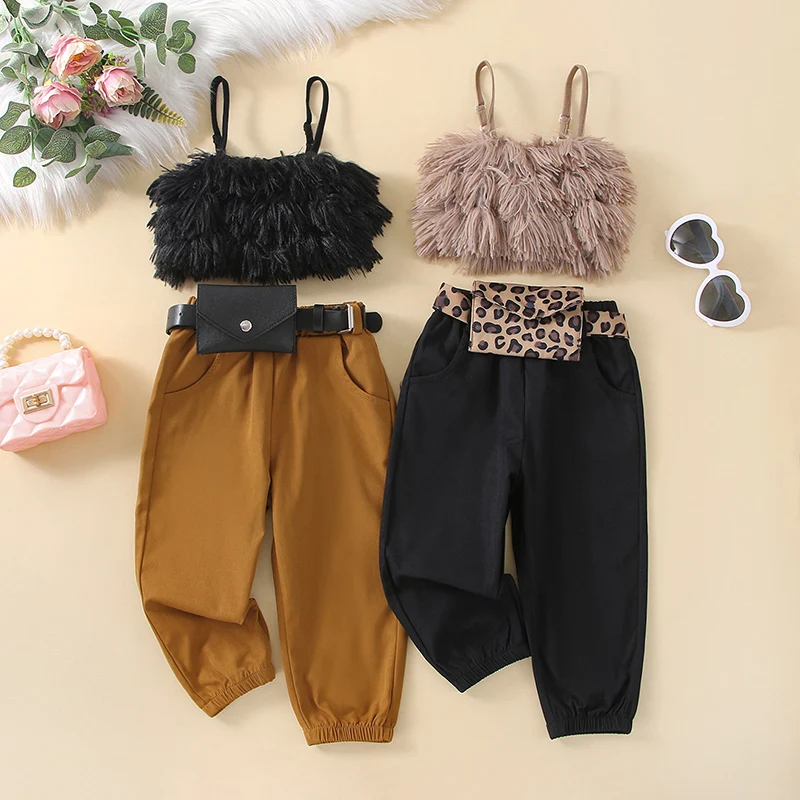 

1-6Y Fashion Summer Children Kids Girls Clothes Sets Fluffy Fur Sleeveless Strap Tank Tops+Long Pants with Waist Bag Outfits