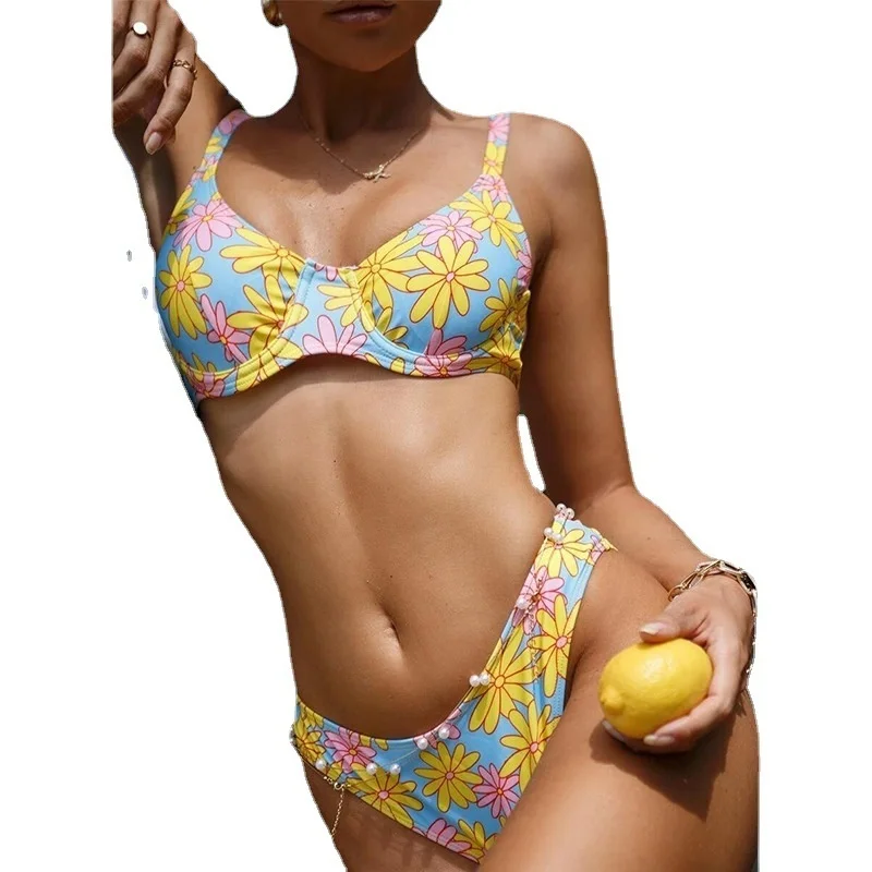 Новые пикантные купальники бикини с цветочным рисунком тонкий перекрестным