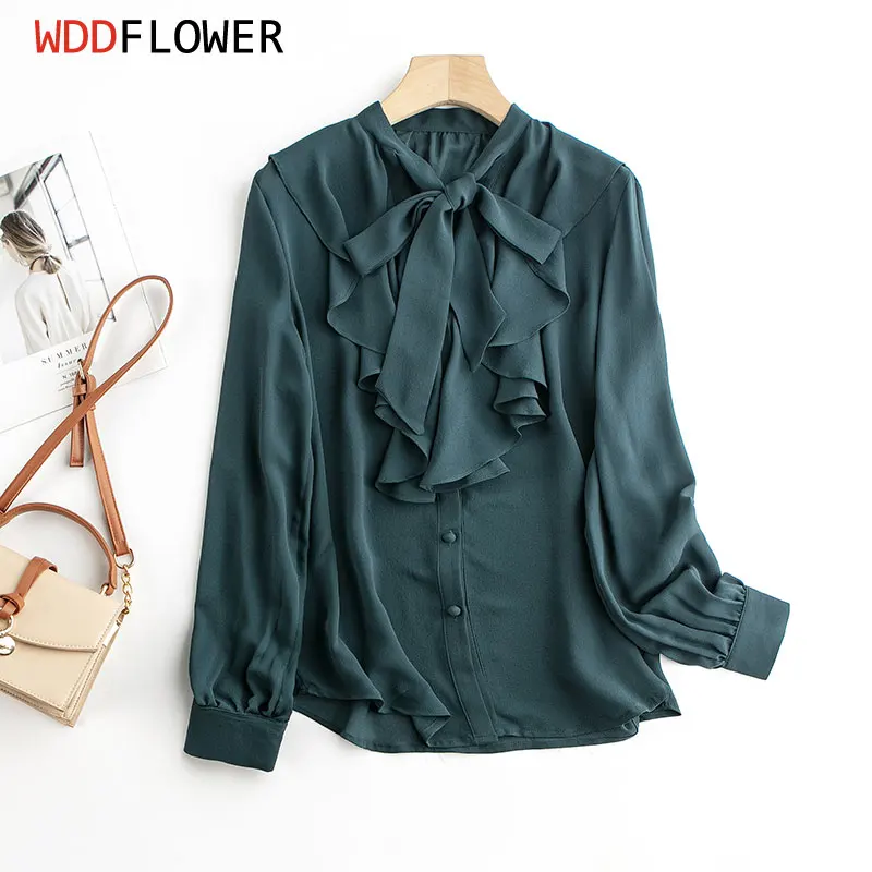 Women Silk Shirt 100% Mulberry Silk Solid Color Dark Green Long Sleeve Bow-tie Neck Blouse Top Pullover Office Work M L ZY007