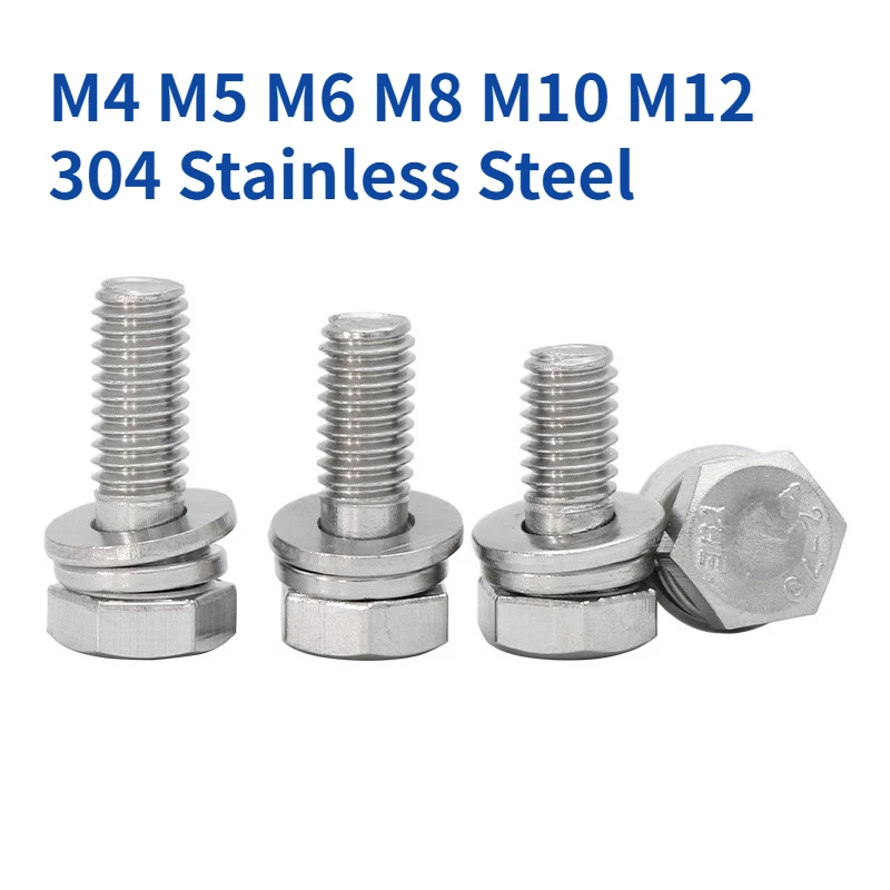 

M4 M5 M6 M8 M10 M12 304 Stainless Steel External Hex Hexagon Screw Flat Washer Spring Gasket Three Combination Bolt