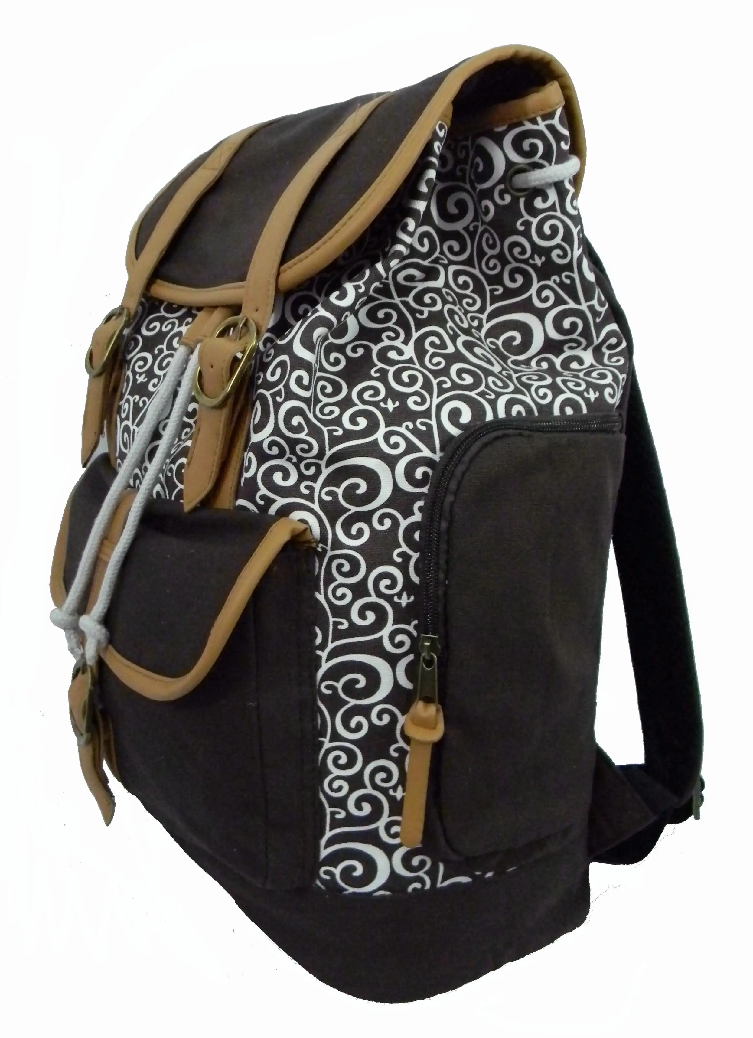 

Unisex Canvas Printed Laptop Backpack in Black/Grey with Brown Trim