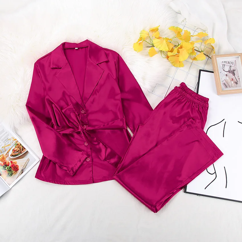 

Autumn And Winter Pajamas Long-Sleeved Thin Trousers Satin Bridesmaid Dress Solid Color Casual Ladies Home Wear