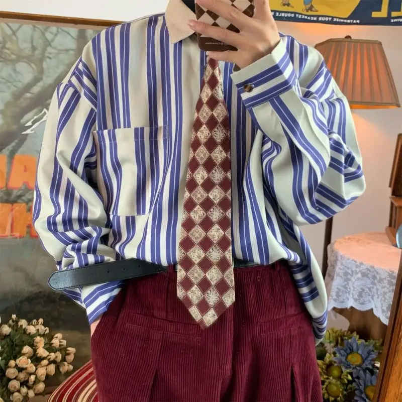 

Японская рубашка в Вертикальную Полоску на пуговицах, женские свободные рубашки с длинным рукавом, повседневные рубашки, универсальные осе...