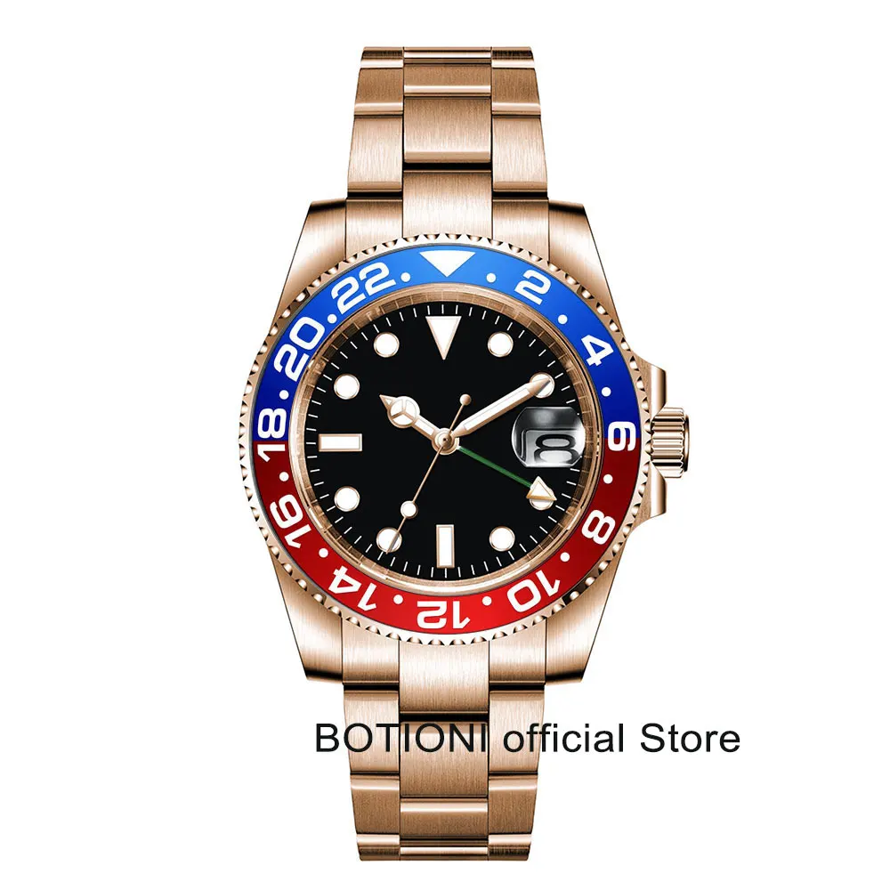 

Мужские механические наручные часы 40 мм BOTIONI, светящиеся часы GMT из нержавеющей стали, лучший бренд, сапфировое стекло, мужские часы 10 бар, мужские часы